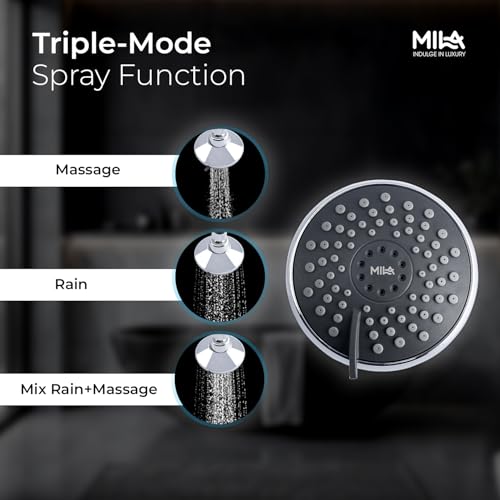 Image of Mila Bleu Multi-Function Overhead Shower Head | 3 Spray Modes - Massage, Rain, Mix (Rain + Massage) | Chrome Finish Round Wall-Mount Showerhead | Durable ABS, Easy Install