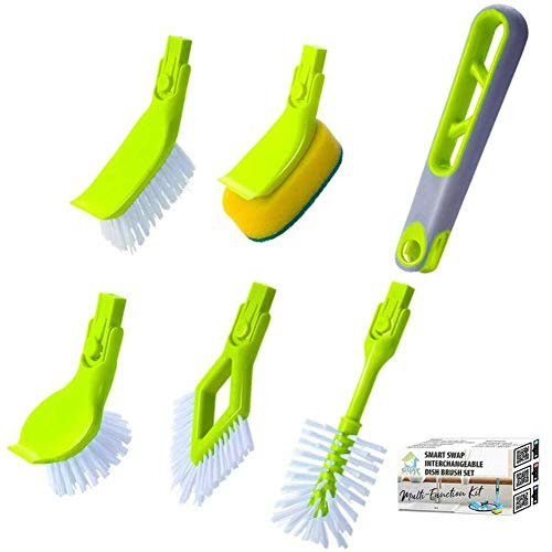 Guay Clean Kitchen Dish Brush Set with Handle and Scrapper – 4pc Brushes Includes: Rectangular, Round, Bottle, Corner, Bonus Scrub Sponge for Household Cleaning and Dishwashing, Stiff Bristles - Green