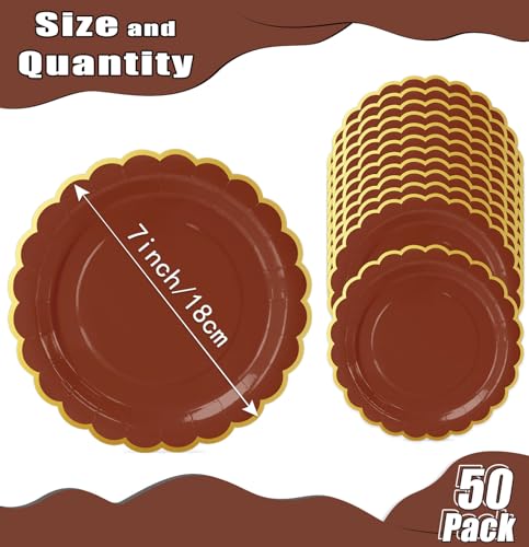 Image of HEIPINIUYE 50 Pieces Brown Paper Plates with Gold Foil 7 Inch Disposable Brown and Gold Scalloped Dinner Plates for Wedding Baby Shower Birthday Party Dessert Plate