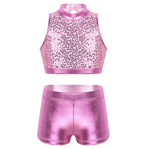 Image of easyforever Kids Girls 2PCS Shiny Mermaid Scales Ballet Dance Outfit Crop Top with Short Tankini Swimsuit