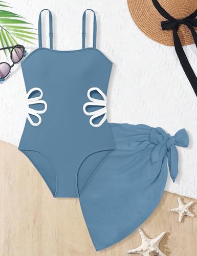 Image of Girls Swimsuit Adjustable Straps Cut Out One Piece Bathing Suit with Solid Color Cover Up Skirt Girls' Swimwear 5-16Y