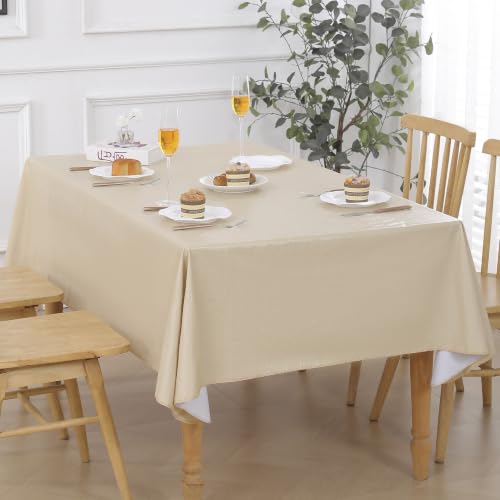 Image of Walrus Heavy Duty Vinyl Tablecloth with Flannel Backing Waterproof Oil-Proof Plastic Table Cloth Stain-Resistant Wipeable Table Cover for Indoor and Outdoor (Khaki Beige,60x102 Inch)