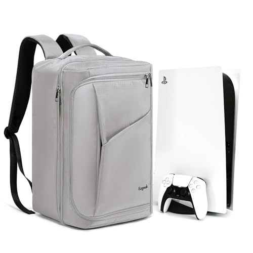 Ezgnuk Game Backpack for PS5 Console, Protective Travel Carrying Case, Large Capacity Storage Bag with Zippered Pocket for PlayStation 5, Laptop, Headphones, Game Discs and Accessories (Light Gray)