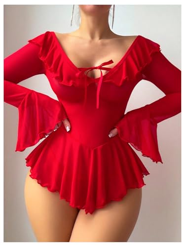 Image of OYOANGLE Women's 2 Piece Off Shoulder Long Sleeve Ruffle Mesh Sheer Nightgowns with Thongs Babydoll Lingerie Set