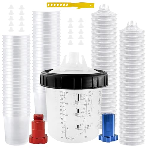 RRJ Disposable Paint Cup Spray Gun Cup, Paint System for LVLP and HVLP Spray Gun Kit 600 ML Mixing Cup with 50 Cups Liners and Lids, 1 Hard Cup with Retainer Ring, 2 Cup Adapter, Stirrer