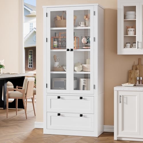 71" Tall Kitchen Pantry Cabinet - Modern Display Storage Cabinet with 2 Large Drawers, Glass Doors, and Adjustable Shelves, Farmhouse Kitchen Cupboard for Dining Room, Bathroom, Living Room,