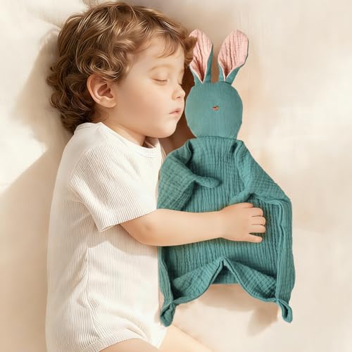 Image of insular Bunny Lovey Blanket for Boys and Girls, Organic Cotton Muslin Security Blanket for Babies, Soft Breathable Lovie Soothing Towel for Newborn and Infant, Green