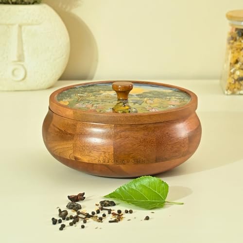 Brick Brown ® Wooden Enamel Coated Saga Masala Box for Kitchen | Spice Box | Spice Jars | Spice Rack & Masala Dani Organizer Storage Box with 7 Containers and 1 wooden spoon (8.5x4.2 inch)