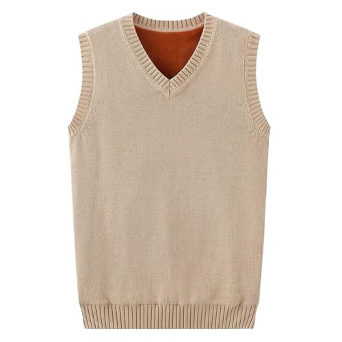 Men'S Thickened Fleece-Lined Knit Vest,Solid Color V-Neck Sleeveless Sweater,Winter Waistcoat
