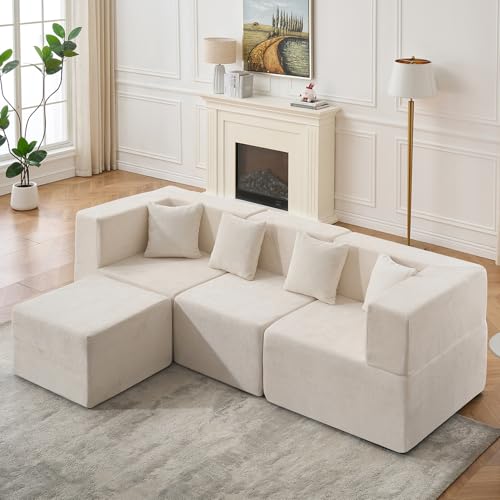 Image of MONVANE 103'' Modular Sectional Sofa, Cloud Sectional Couch with Ottoman, Convertible Chenille L Shaped Couch with Deep Seat, Sectional Couches for Living Room Bedroom, No Assembly Required, Beige