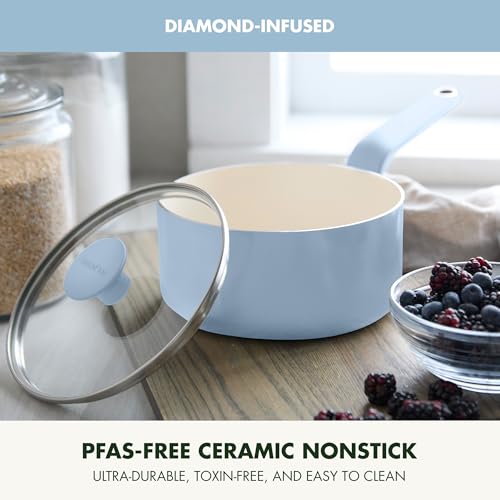 Image of GreenPan Rio Advanced 2QT Saucepan with Lid, Ceramic Nonstick PFAS-Free Pans, Induction Ready, Dishwasher and Oven Safe, Blue