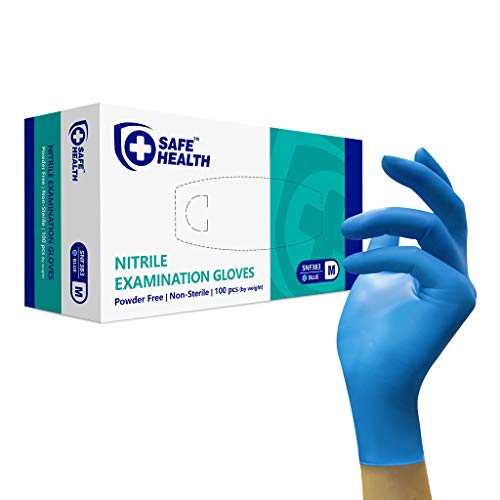 SAFE HEALTH Blue Nitrile Exam Gloves, Box of 100, 3.5 Mil, Medium, Powder/Latex-Free, Finger Textured, Disposable, Medical Grade, Food, Tattooed, General Use