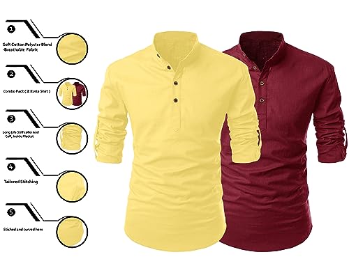 Image of FINIVO FASHION Combo of Men's Cotton Blend Solid Regular Fit Full Sleeve Straight Short Kurta Shirt, Casual and Formal Wear