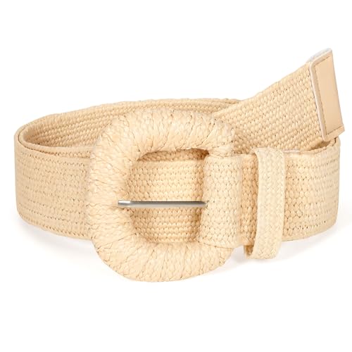 Image of Straw Woven Elastic Belt for Women Stretchy Belts for Dress Fashion Boho Waist Belt Rattan Raffia Ladies Belts