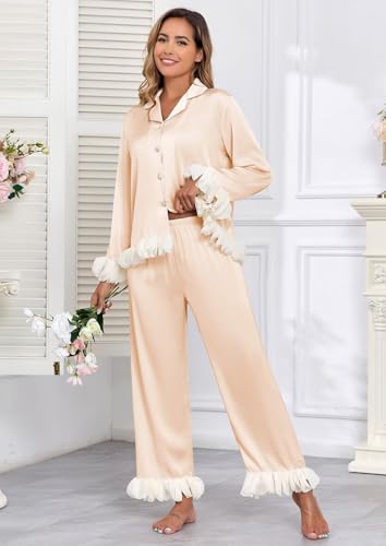 Image of Brosloth Womens Silk Pajamas Long Sleeve Button Up Pajama Cute Soft Satin Fall Pjs Sets 2 Piece Lounge Set Sleepwear