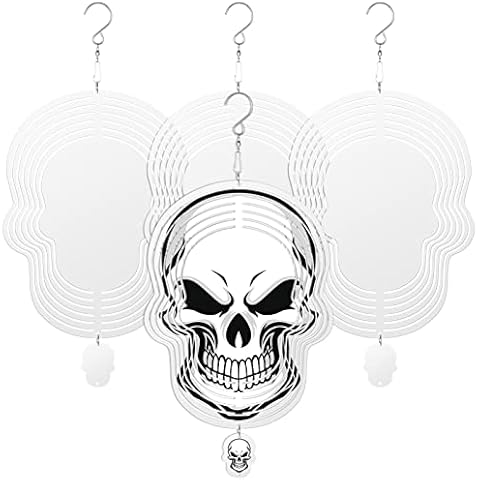 4 Pack 10 Inches Sublimation Wind Spinner Blanks,Kinetic 3D Metal Wind Sculpture Silver Wind Spinners,Skull Shape Unique Gifts Outdoor Decor,Hanging Ornament for Home Garden Cover