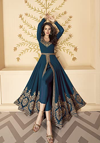 Image of Divine International Trading Co Women's Faux Georgette Semi Stitched Top with Santoon Fabric Bottom and Faux Georgette Dupatta Embroidered Front Slit Anarkali Dress