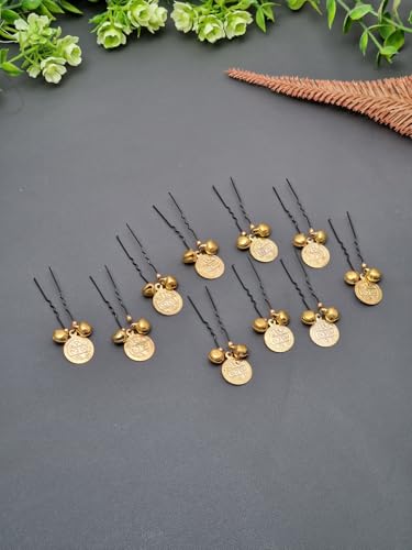 Twinsho Decorative Hair Pins with Gold Coin and Bells for Wedding, Traditional Bridal Hair Accessories for Wom