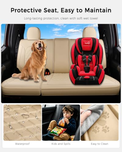 Image of Huidasource F250 Rear Seat Covers, Beige Leather Back Seat Cushion Cover Fit for Ford F150 2015-2026&F250 F350 F450 2017-2026 Crew Cab XL XLT Lariat King Ranch Platinum, Split Rear Seat Cover