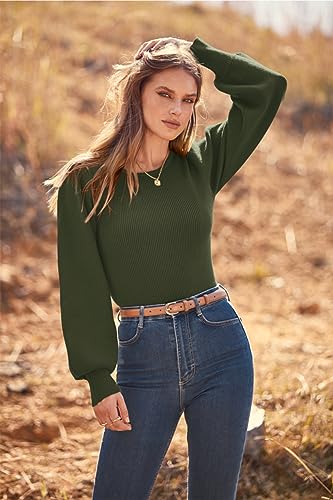 Image of MASCOMODA Womens Puff Long Sleeve Ribbed Sweater Bodysuits | Fall Winter Outfits 2026, Crewneck Knitted Bodysuit Dressy Casual, Cute Slim Fit Pullover Tops, Work, Date, Dress Up & Down
