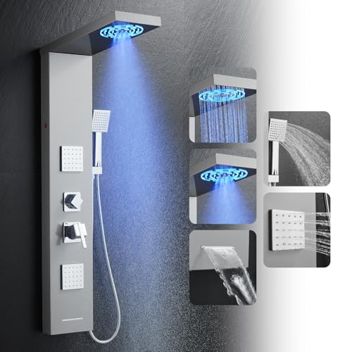 ROVOGO Shower Panel Tower System with Led Lights, 2-Setting Shower Head, Body Jets, Handheld and Tub Spout, Stainless Steel Shower Column with Mixer Valve, 46.5', Brushed