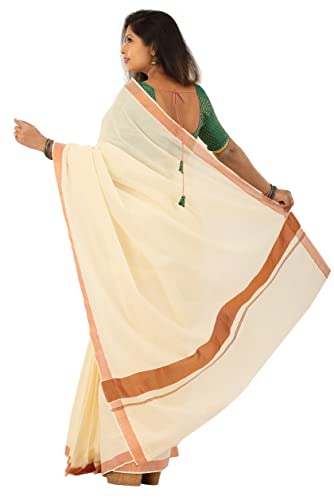 Image of Women's Kerala Traditional Cotton Kasavu Saree with Running Blouse | Sari for Weddings, Festivals, Temple Visits, Onam Vishu & Regular Wear