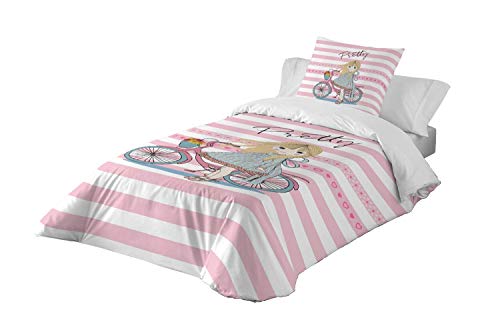 Montse Interiors Funda nórdica Rosa niña con Bicicleta en Tacto pétalo (Pretty, para Cama de 90x190/200 (Nórdico de 150))