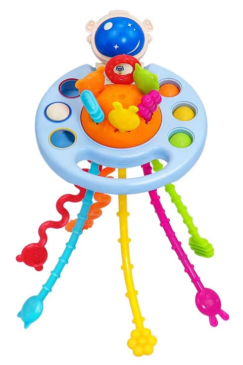Image of Yummy Baby Montessori Sensory Toy for Babies, Silicone Pull String Teething Toy, Perfect for Entertaining Baby While Developing Motor and Sensory Skills (Astronaut Blue)