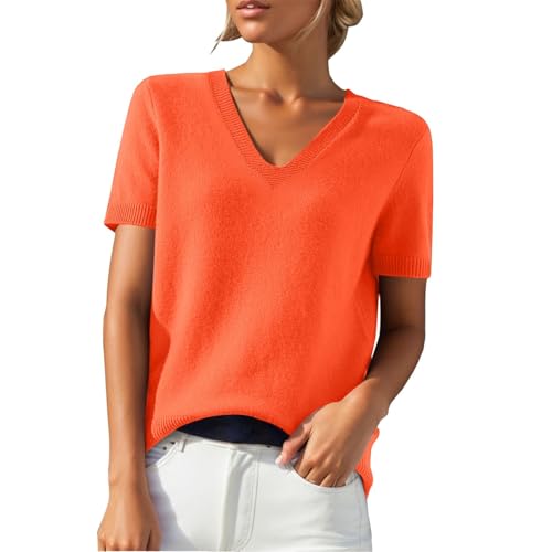 Generisch Kurzarmpullover Damen Elegante Einfarbig Strick Tshirt Casual V-Ausschnitt Kurzarm Strickpullover Leicht Fühling Strickshirts Frauen Bequeme Locker Pulli Basic Sommerpullover(Orange,XXL)