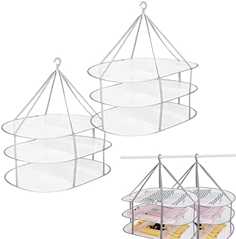 Gcroet Clothes Drying Net Sweater Drying Rack Folded Mesh Clothes Hanging Dryer 3 Tier Lay Flat to Dry Mesh Storage Basket Drying Rack Mesh Hanger Windproof Drying Clothes Net 2pcs