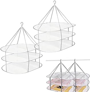 Gcroet Clothes Drying Net Sweater Drying Rack Folded Mesh Clothes Hanging Dryer 3 Tier Lay Flat to Dry Mesh Storage Basket Drying Rack Mesh Hanger Windproof Drying Clothes Net 2pcs