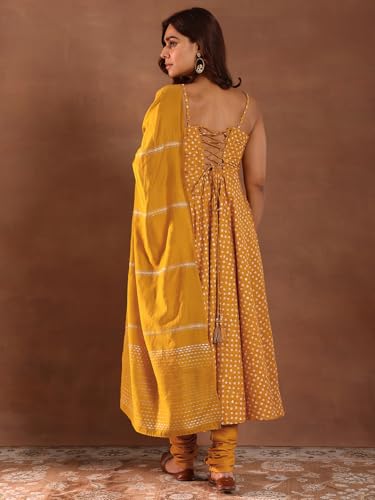 Image of Libas Mustard Bandhani Printed Anarkali Padded Kurta and Solid Churidar with Woven Design Dupatta | Ethnic wear | Bridal Suit | Occasion wear
