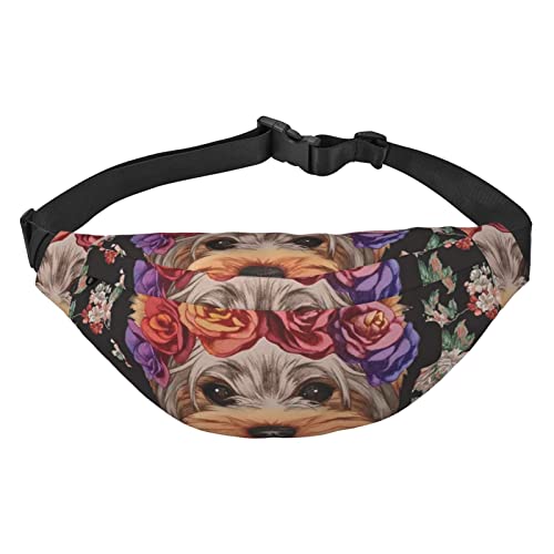 Sac de taille imprimé géométrique noir et or élégant et fonctionnel, Yorkie Dog Floral, Taille unique