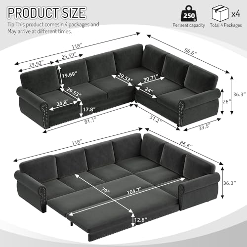 Image of KEIKI 118 inch L-Shaped Sofa Couch with Pull Out Sofa Bed, Convertible Sleeper Sectional with Rolled Arm and Nailhead Trim, Chenille Upholstered 6 Seater Couch, Dark Gray