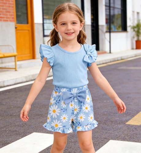 Image of Barlver Girls 2 Piece Short Set Baby Girl Summer Clothes Ruffle Sleeve T-Shirt and Bow Knot Shorts Toddler Girl Outfit Set