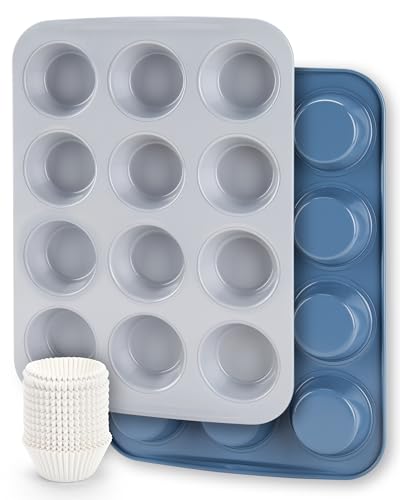 CARTMAN 2-Pack Ceramic Muffin Pan 12 Cup with 200 Cupcake Liners Non-Stick & Non-Toxic Baking Tin for Healthy Muffins and Cupcakes Perfect for Home Kitchens and Parties