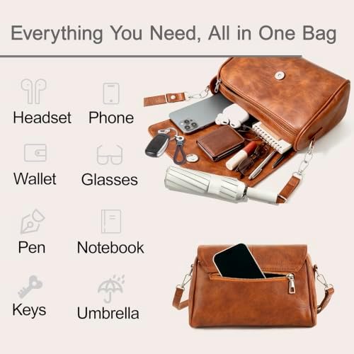 Women's Crossbody Bag, Multi Pocket Shoulder Purse for Work, Travel (Brown) - 3