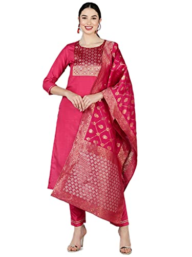 Image of Vaamsi Women's Poly Silk Solid Yoke Design Straight Kurta Set With Dupatta