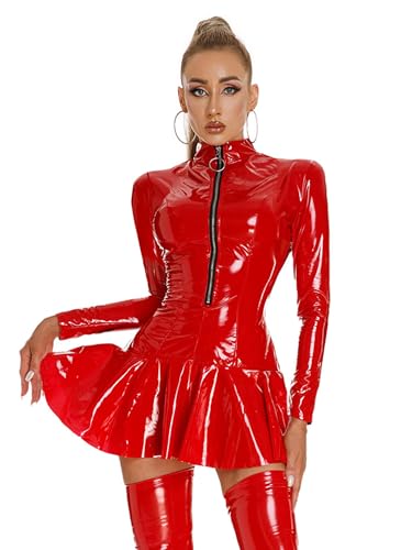 inhzoy Damen Glänzende Lackleder Kleid Langarm Wetlook Minikleid Lack Skaterkleid Mit Vorne Reißverschluss Sexy Partykleider Nachtclub Outfit Rot...