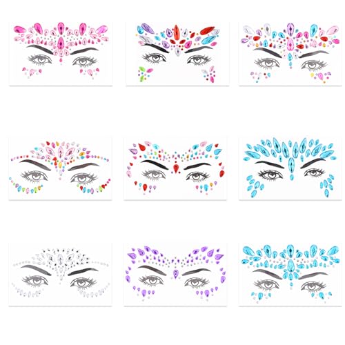 LAIVIYA Brilhantes para o rosto, 9 peças autocolantes rosto brilhantes festival, Face Gems brilhantes, gemas faciais autocolantes rosto para festival, olhos, efeito Glitter, festas, shows e