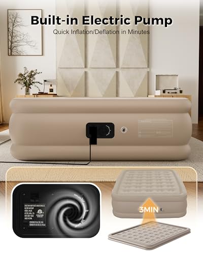 Image of Full Air Mattress with Built in Pump, Single Blpw up Air Bed with Portable Storage Bag, Suitable for Home and Guests, Top Flocking, 18 inch Full Khaki