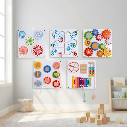 Image of Wall Mounted Sensory Activity Board Set of 5 for Toddlers 1-4 Years - Wooden Montessori Learning Panels with Gears, Numbers, Shapes & Xylophone for Nursery & Playroom | Blue Bells Toys