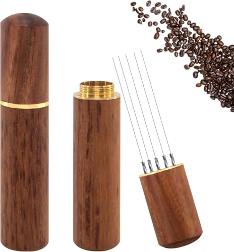 Image of Street27 Espresso Coffee Needle Stirrer Tool - 6 Stainless Steel Needles with Natural Wooden Handle & Stand | WDT Distribution Tool for Even Coffee Grounds Preparation