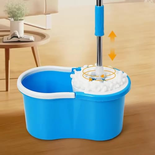 Image of TEKCOOL Premium Spin Mop with Big Wheels and Heavy Wringer | 360 Flexible Mop Bucket System for Floor Cleaning with 2 Microfiber Refills (Blue):