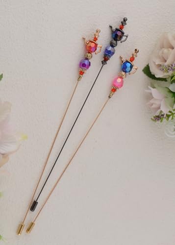 Image of Alilang Magic Lamp Pearl Lady Camo Rose Heart Rhinestones 3Pcs Vintage Long Handle Hat and Lapel Pins with Flexible Bendable Design