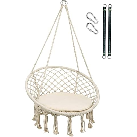 RedSwing Hammock Chair Macrame Swing with Cushion and Hardware Kits, Cotton Rope Hanging Hammock Chair for Adults, Indoor and Outdoor Use,White Cover