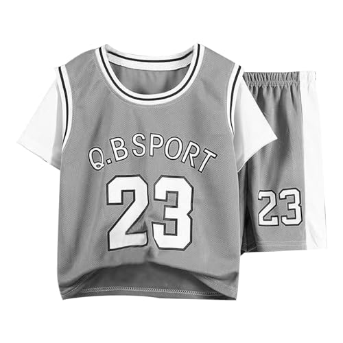 2025 - El traje deportivo de verano de manga corta para niños, ropa de entrenamiento de baloncesto de moda para niños y niñas, se seca rápidamente es delgado suéter niños 92, gris, 5-6 años