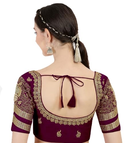 Pujia Mills Women's Silk Heavy Embroidery Peacock Khatli Work with Stone Work Readymade Blouse Sleeve_Type: Half Sleeve