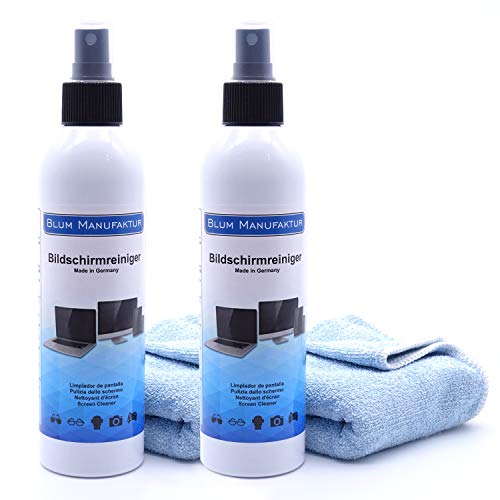 Blum u0096 2 x 50 ml limpiador de pantalla + 2 x paño de microfibra 30 x 30 cm. Limpieza perfecta de todas las pantallas y pantallas. Sin rayas.