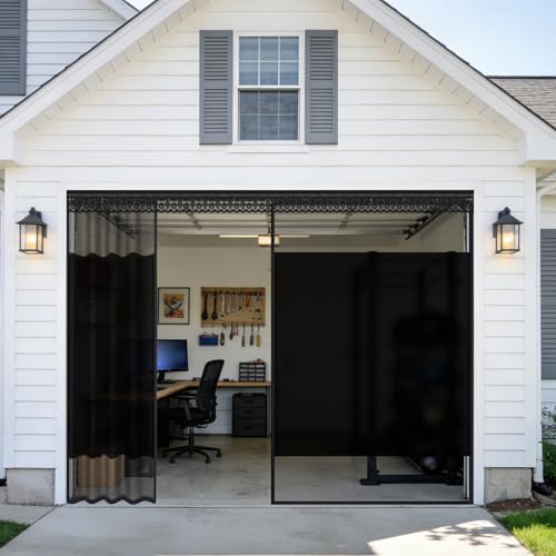 Privacy Garage Door Screen for Single Car Garage 8x7ft - Retractable Slide Track System Heavy Duty PET Mesh with Blackout Privacy Panel Magnetic Closure Keeps Bugs Out Fits Garage Opening 8 x 7 Ft